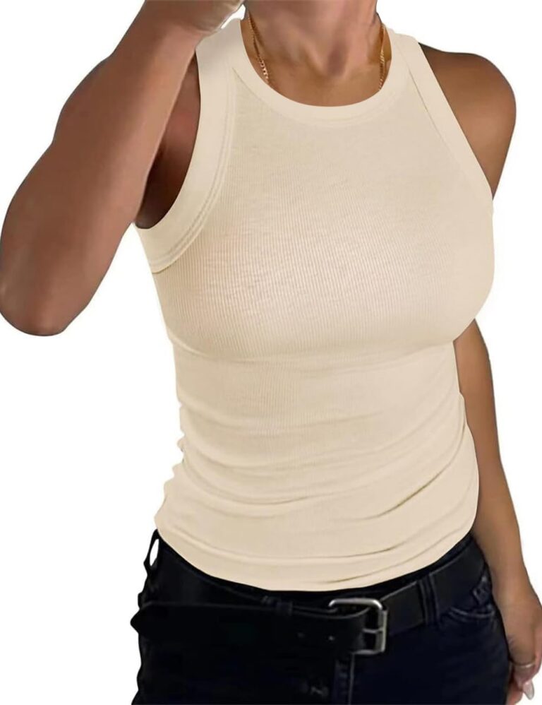 Womens Tank Tops High Neck Sleeveless Ribbed Tank Casual Basic Thick Strap Slim Fitted Racerback Shirts