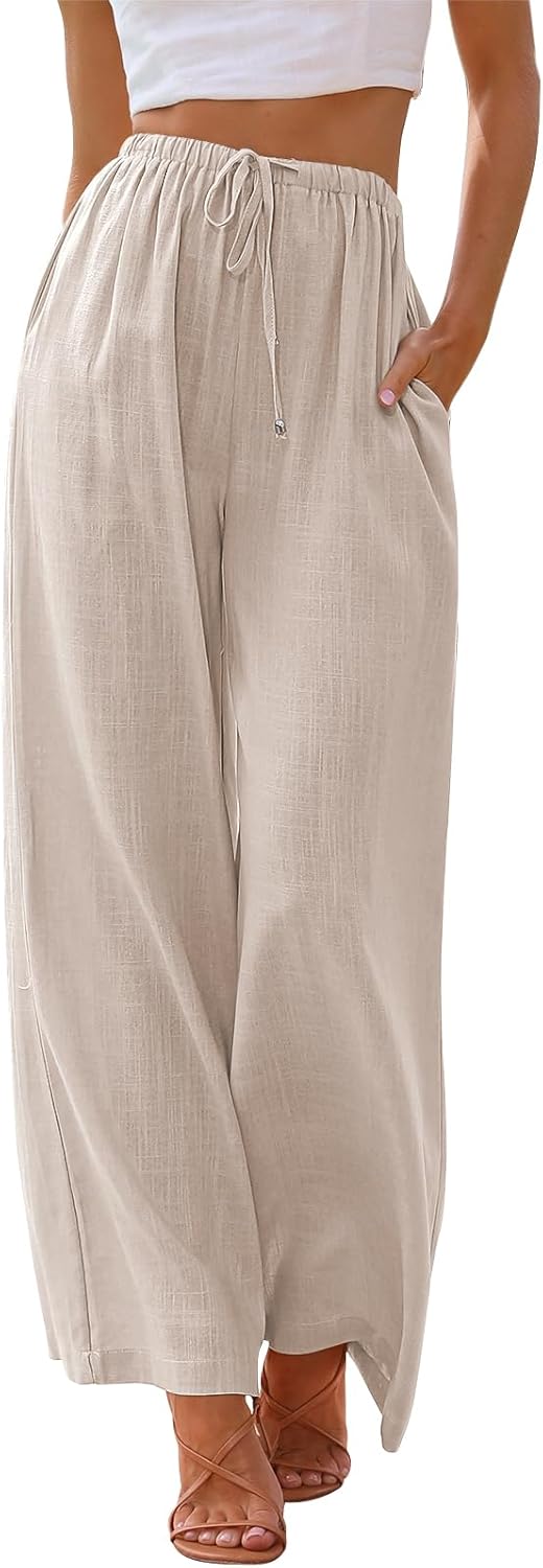 LILLUSORY Women’s Linen Summer Palazzo Pants Flowy Wide Leg Beach Pants with Pockets