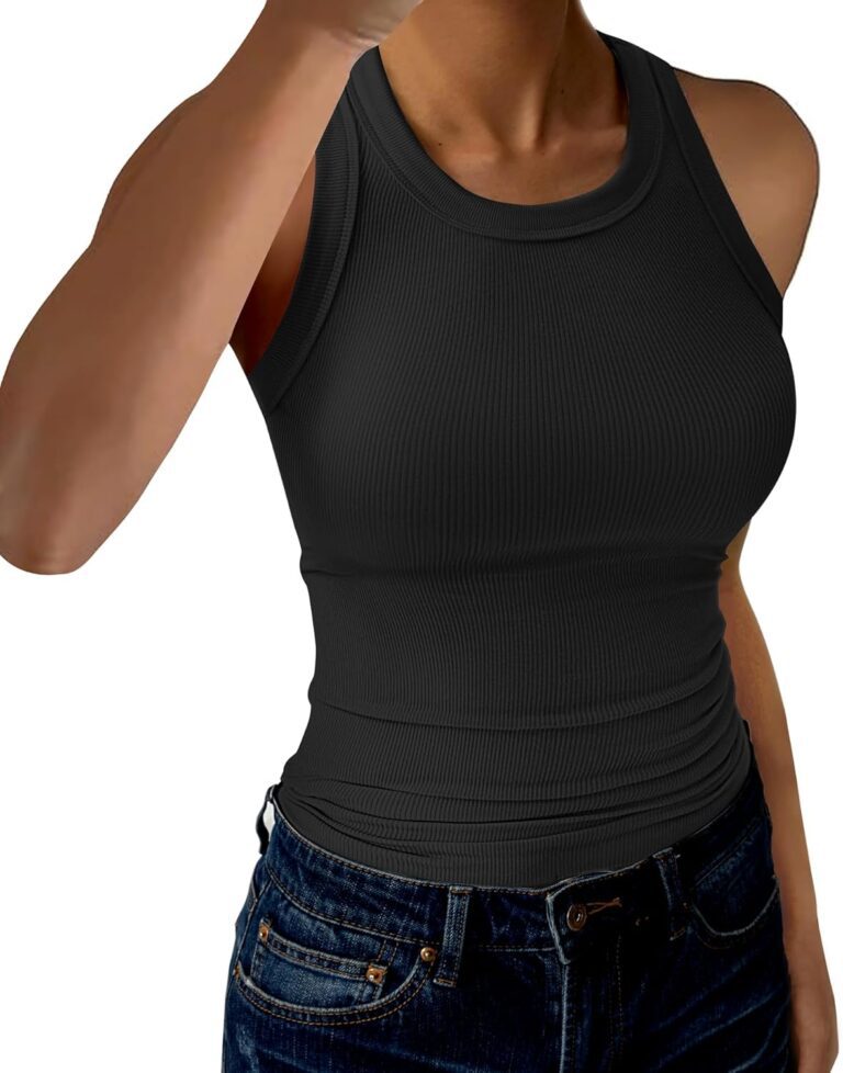 Womens Tank Tops High Neck Sleeveless Ribbed Tank Casual Basic Thick Strap Slim Fitted Racerback Shirts