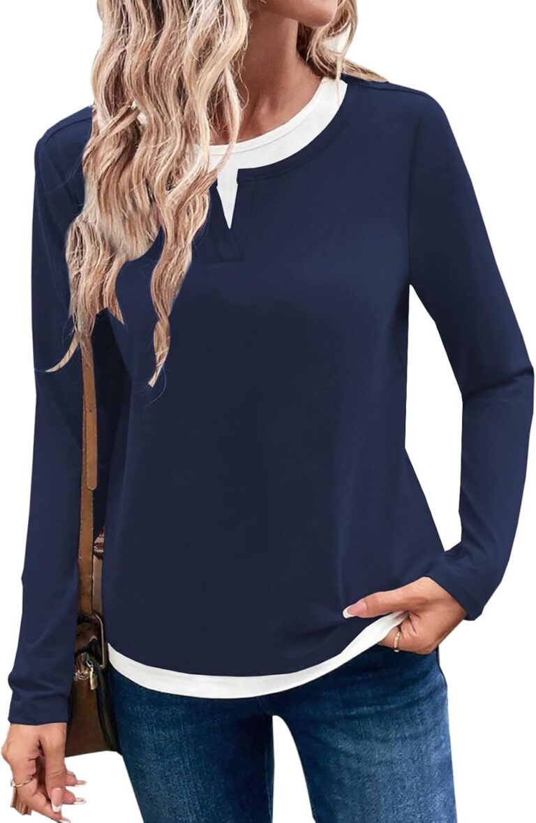 LOLONG Women Fall Long Sleeve Color Block T Shirts 2025 Casual Crew Neck Tops Tees